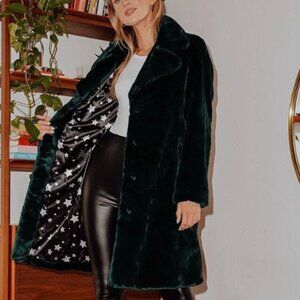 AVEC LES FILLES Faux Fur Long Coat in Dark Forest Green - Size XL